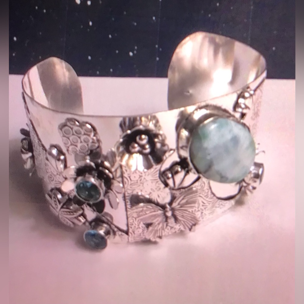 Larimar Blue Topaz 925 Sterling Silver Cuff Bracelet